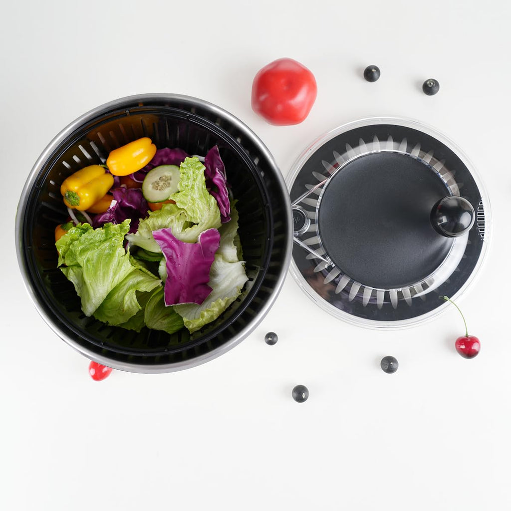 SURKAI 5L Stainless Steel Salad Spinner, Salad Spinner with Non-Slip Base & Spinner Dryer with stop button & drying, Vegetable Washer For Fast Meal Prep, Dishwasher Safe Kitchen Set