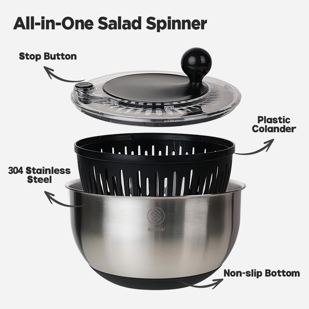 SURKAI 5L Stainless Steel Salad Spinner, Salad Spinner with Non-Slip Base & Spinner Dryer with stop button & drying, Vegetable Washer For Fast Meal Prep, Dishwasher Safe Kitchen Set