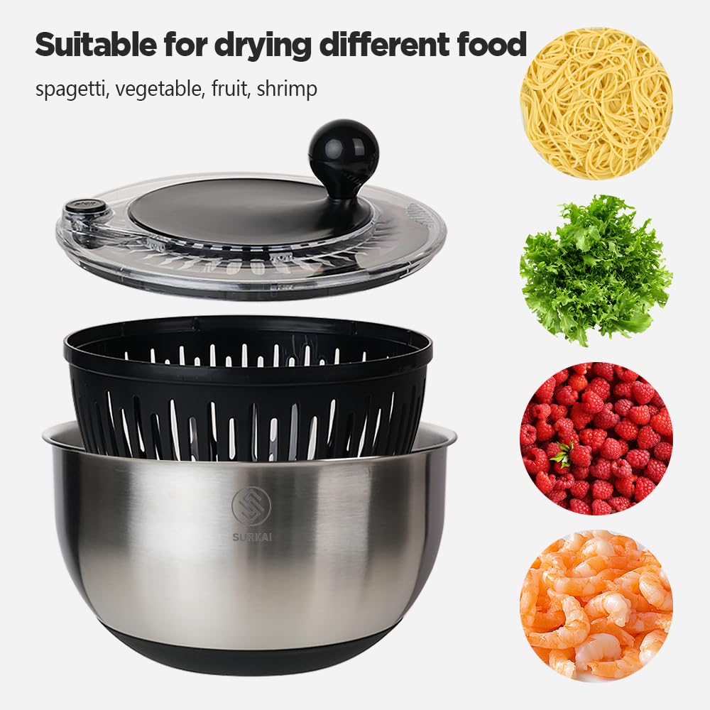 SURKAI 5L Stainless Steel Salad Spinner, Salad Spinner with Non-Slip Base & Spinner Dryer with stop button & drying, Vegetable Washer For Fast Meal Prep, Dishwasher Safe Kitchen Set