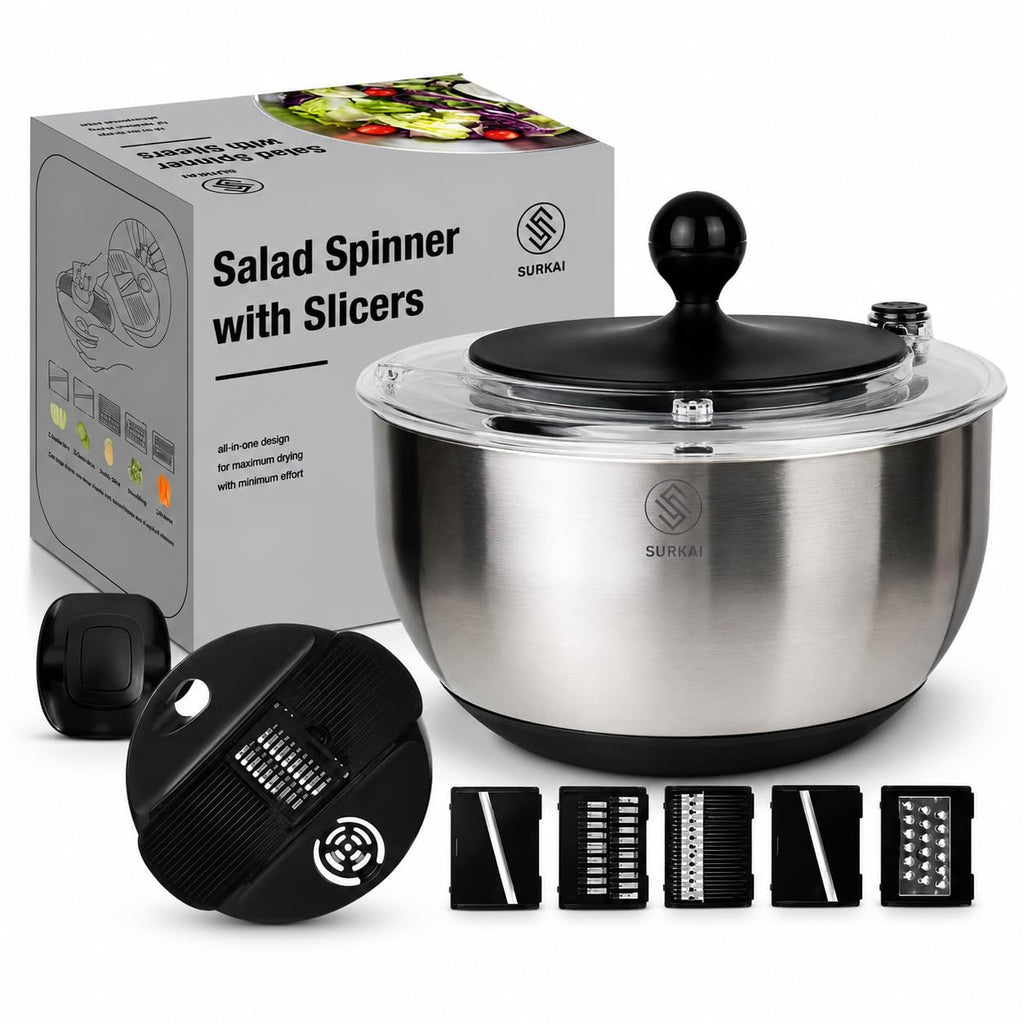 SURKAI 5L Stainless Steel Salad Spinner, Salad Spinner with Non-Slip Base & Spinner Dryer with stop button & drying, Vegetable Washer For Fast Meal Prep, Dishwasher Safe Kitchen Set