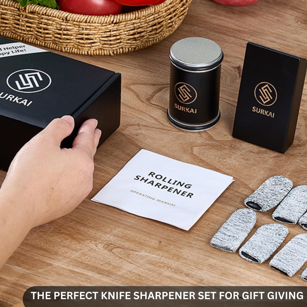 SURKAI Rolling Knife Sharpener, Diamond & Ceramic Discs offer 15° & 20° Magnetic Angle Guides, Fast Sharpening for any Hardness, Kitchen Knives Sharpning Kit, Razor-Sharp Edge, Leather Strop, (Wood)